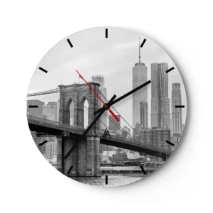 Nástenné hodiny - Brooklynský most proti panoráme mesta v čiernobielej farbe - 30x30cm - Newyorské zázraky - Moderná nástenná dekorácia do obývacej izby, kuchyne a spálne ARTTOR