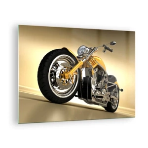 Obraz na skle - Zlatý zákazkový motocykel na svetlom pozadí - 70x50cm - Sen o sile a rýchlosti - Moderná nástenná dekorácia do obývacej izby a spálne ARTTOR