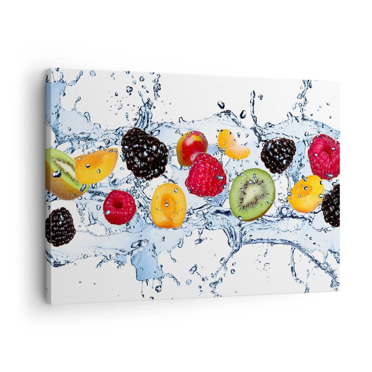 Obraz na plátne - Farebné ovocie ponorené do striekajúcej vody na bielom pozadí - 70x50cm - Bavte sa s nami - Moderná nástenná dekorácia do obývacej izby a spálne ARTTOR