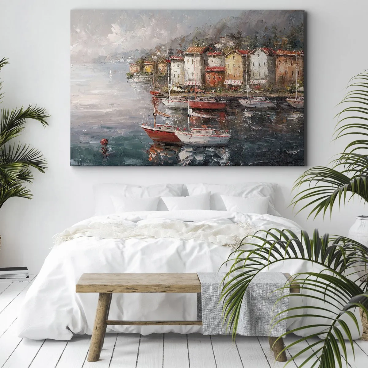 Obraz na plátne - Prímorská scenéria s loďkami a farebnými domami - 70x50cm - Romantický prístav - Moderná nástenná dekorácia do obývacej izby a spálne ARTTOR