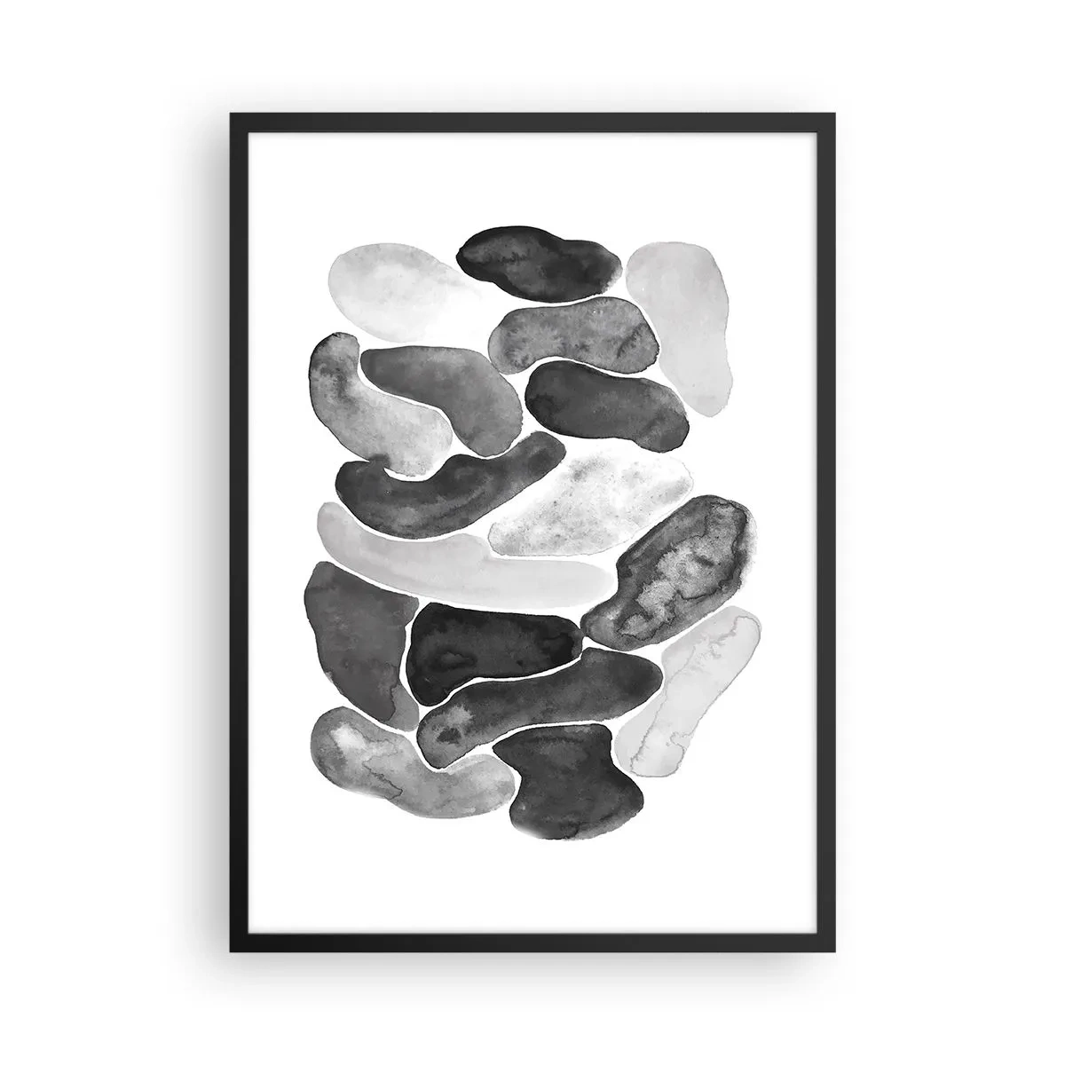 Plagát v čiernom ráme - Abstraktné tvary v odtieňoch čiernej, sivej a bielej - 50x70cm - Kamenistá abstrakcia - Moderná nástenná dekorácia do obývacej izby a spálne ARTTOR