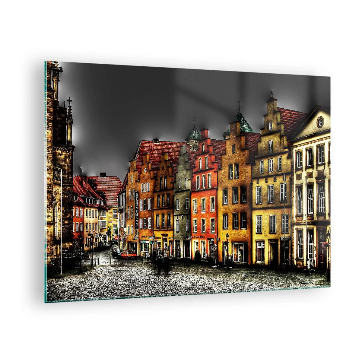 Obraz na skle - Farebné činžiakové domy na pozadí zamračenej oblohy - 70x50cm - Chýba iba kúzelná drožka - Moderná nástenná dekorácia do obývacej izby a spálne ARTTOR