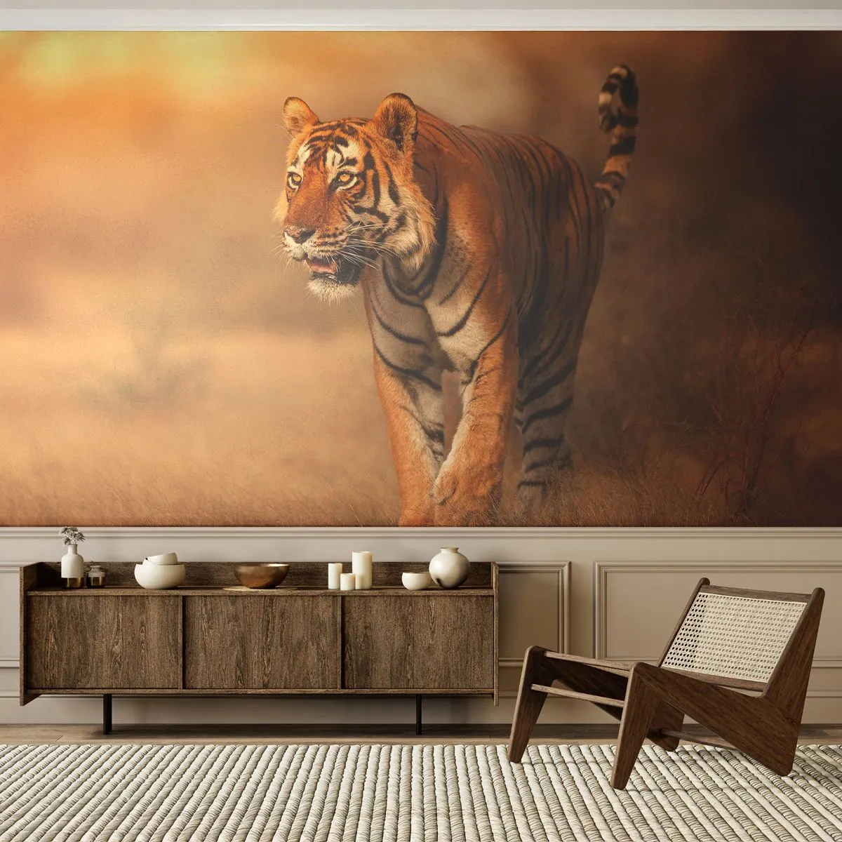 Fototapeta Premium Sand - Pred útokom - Zvieratá, Tiger, Afriky - 300x210 cm
