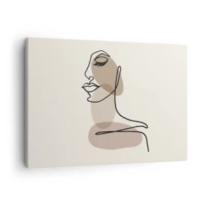Obraz na plátne - Minimalistická ženská tvár s abstraktnými škvrnami - 70x50cm - Pri počúvaní samého seba - Moderná nástenná dekorácia do obývacej izby a spálne ARTTOR