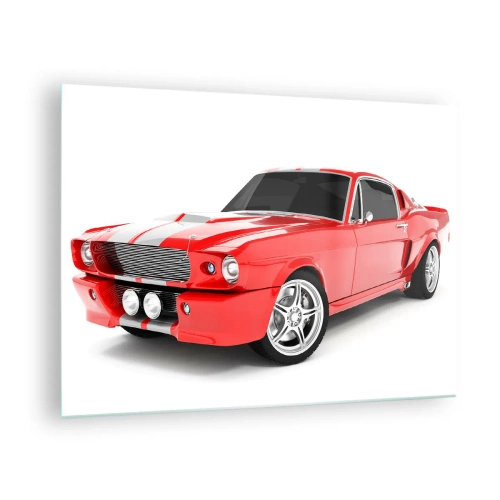 Obraz na skle - Červené klasické športové auto Mustang - 70x50cm - Mustang rýchly ako vietor - Moderná nástenná dekorácia do obývacej izby a spálne ARTTOR
