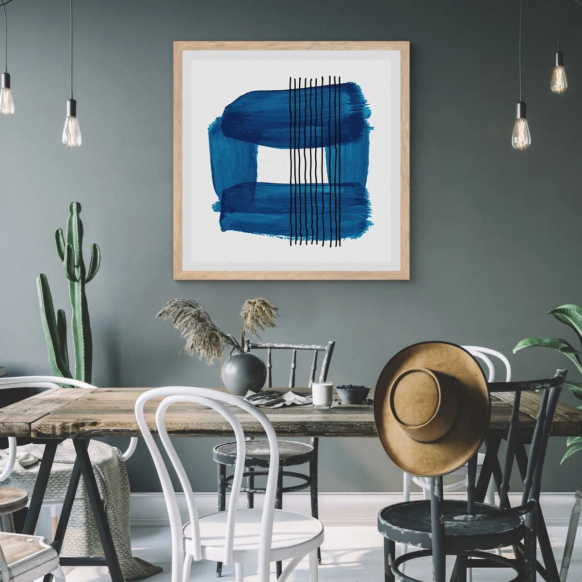 Plagát v ráme zo svetlého duba - Modročierna kompozícia - 40x40 cm