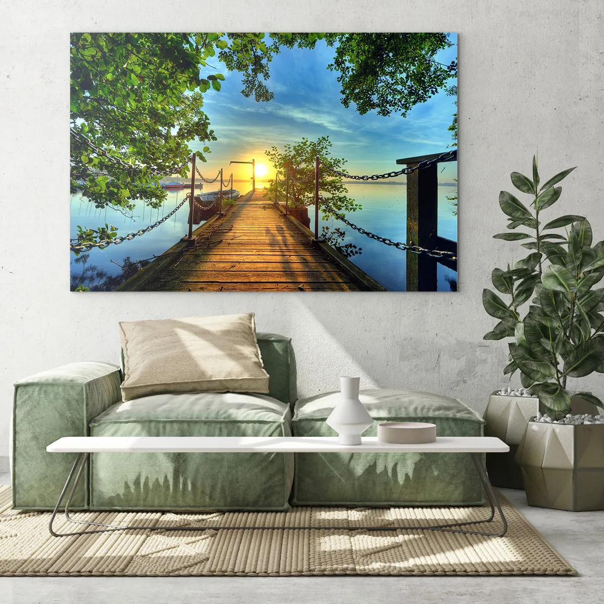 Obraz na skle - Mólo s výhľadom na západ slnka nad jazerom - 70x50cm - Západ pri vode - Moderná nástenná dekorácia do obývacej izby a spálne ARTTOR