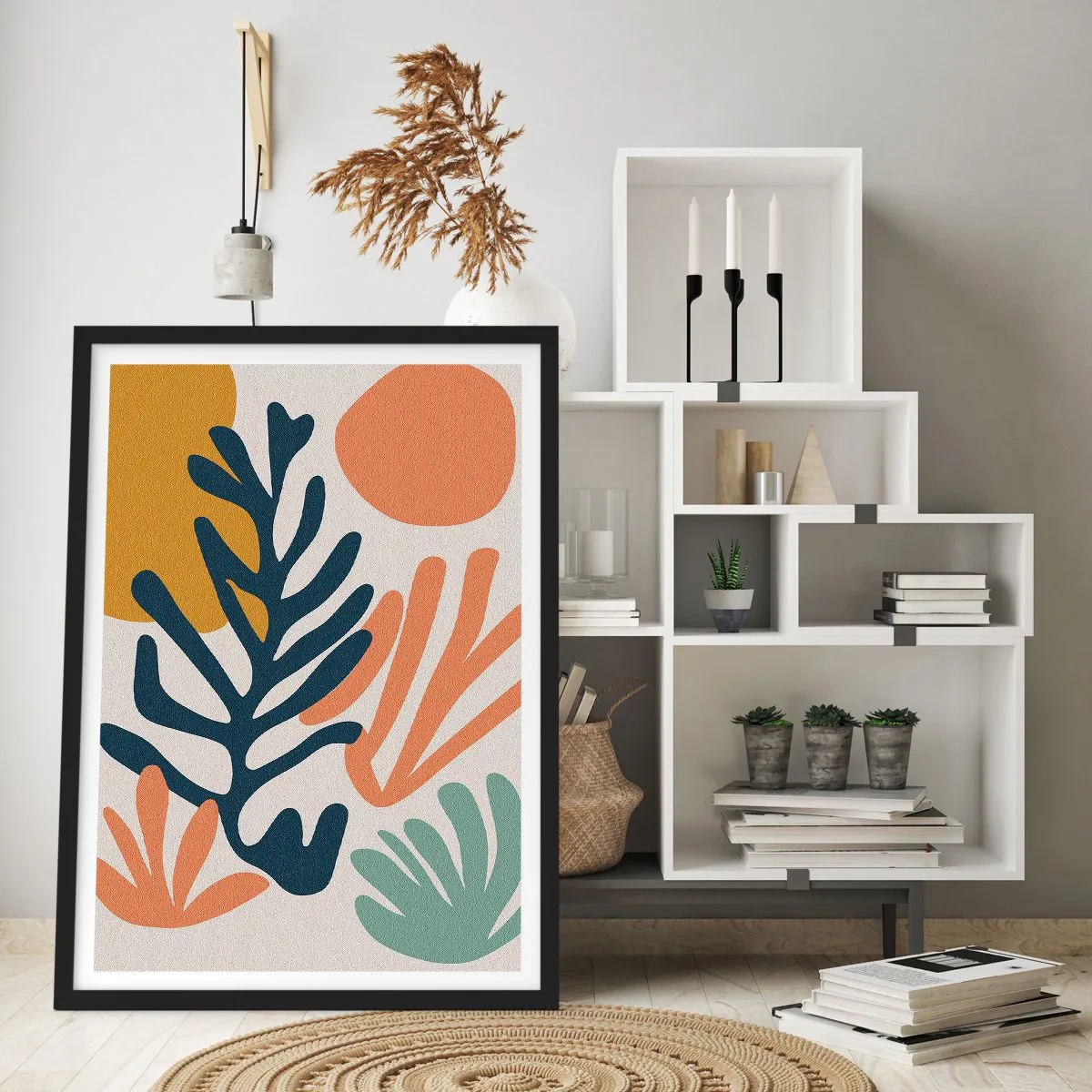 Plagát v čiernom ráme - Farebná kompozícia rastlinných tvarov v modernom štýle - 50x70cm - Koralové more - Moderná nástenná dekorácia do obývacej izby a spálne ARTTOR