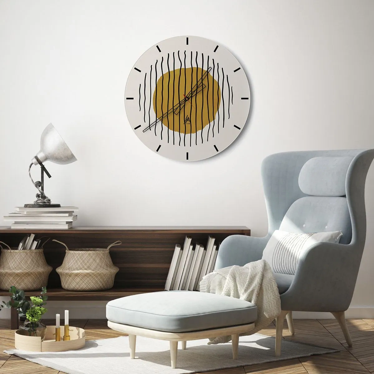 Nástenné hodiny - Žltooranžový kruh obklopený čiernymi vlnitými čiarami - 30x30cm - Abstrakcia kmitajúca žiarom - Moderná nástenná dekorácia do obývacej izby, kuchyne a spálne ARTTOR