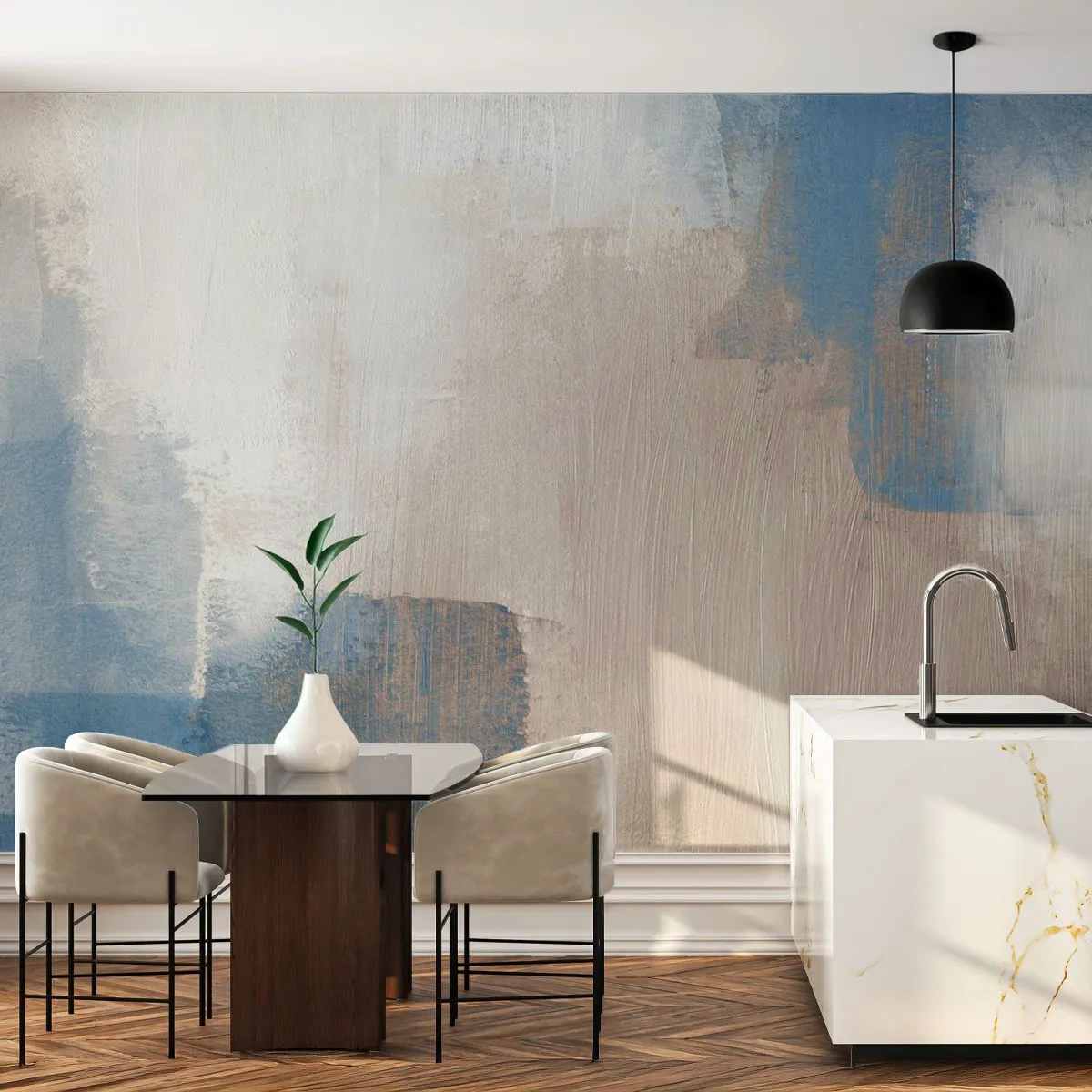 Fototapeta Standard Eco - Moderná kompozícia škvŕn v modrých a béžových odtieňoch - 100x70cm - Ružová abstrakcia za modrým závojom - Moderná nástenná dekorácia do obývacej izby a spálne ARTTOR