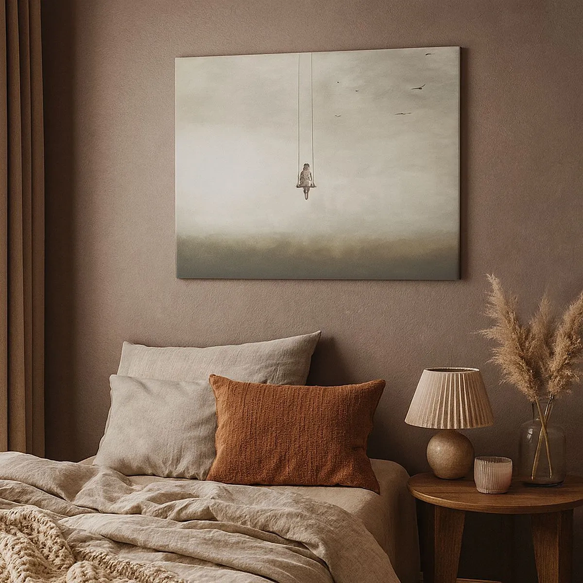 Obraz na plátne - Postava na hojdačke zavesená v priestore - 70x50cm - Dieťa v nás - Moderná nástenná dekorácia do obývacej izby a spálne ARTTOR