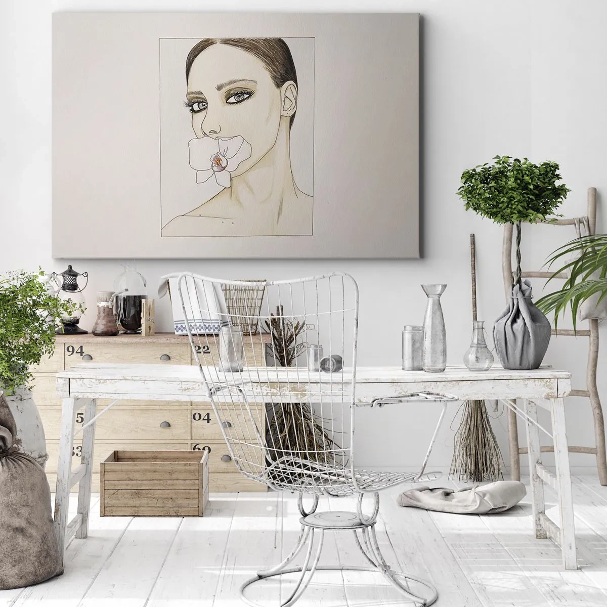 Obraz na plátne - Portrét ženy s orchideou v jemných farbách - 70x50cm - Symbol elegancie a krásy - Moderná nástenná dekorácia do obývacej izby a spálne ARTTOR