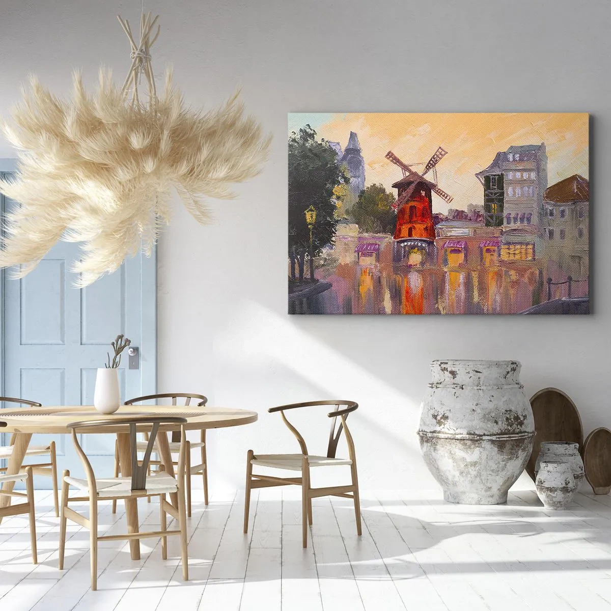 Obraz na plátne - Červený veterný mlyn Moulin Rouge obklopený panorámou mesta - 70x50cm - Parížske ikony – Moulin Rouge - Moderná nástenná dekorácia do obývacej izby a spálne ARTTOR