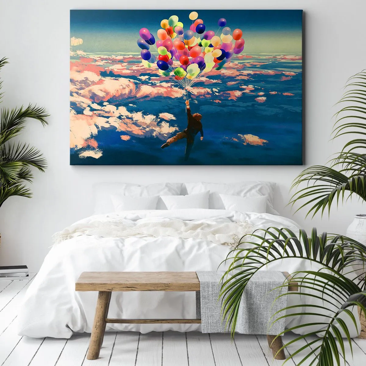 Obraz na plátne - Postava vznášajúca sa nad oblakmi s farebnými balónikmi - 70x50cm - Splnené sny detstva - Moderná nástenná dekorácia do obývacej izby a spálne ARTTOR