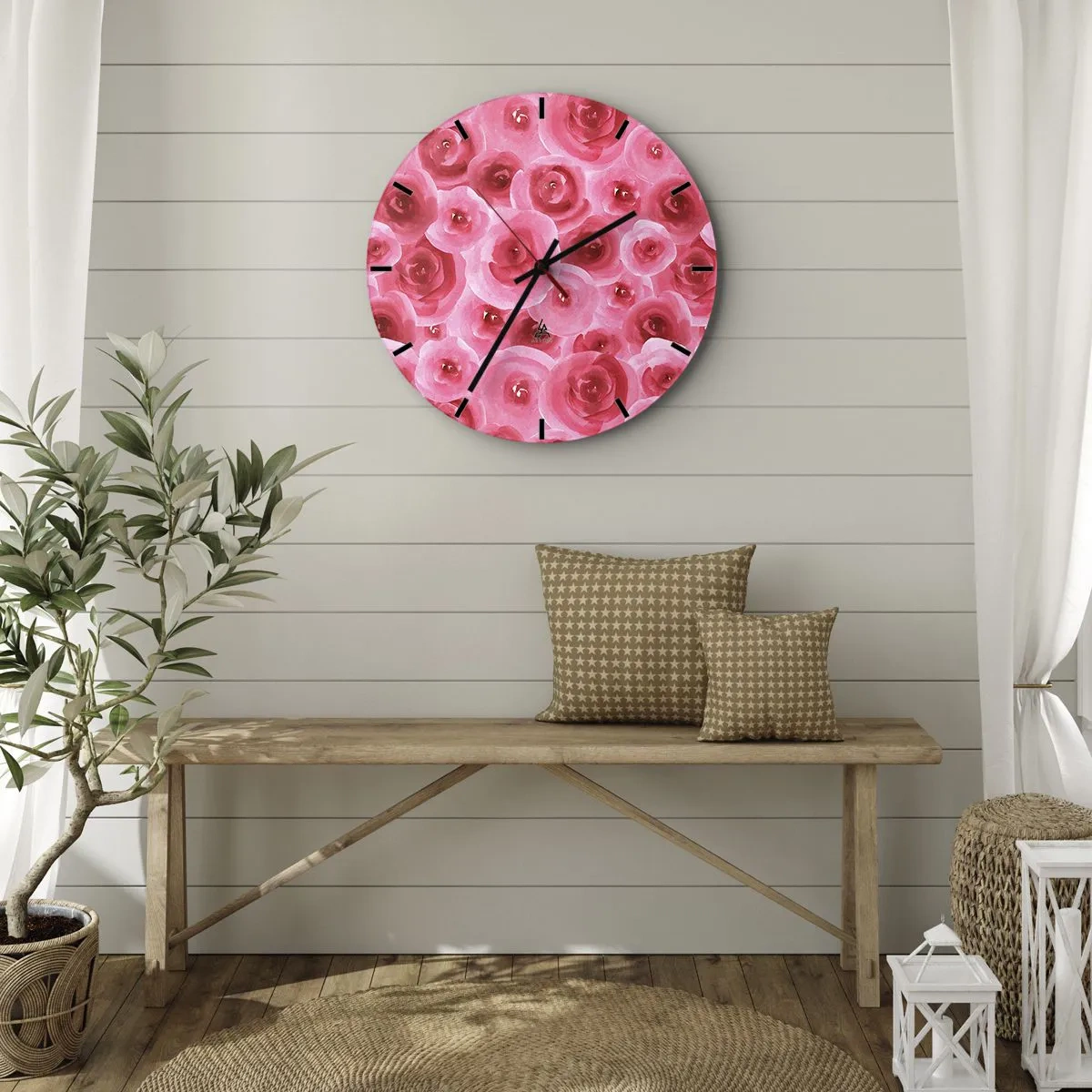 Nástenné hodiny - Akvarelové červené ruže na svetlom pozadí - 30x30cm - Ruže dole aj hore - Moderná nástenná dekorácia do obývacej izby, kuchyne a spálne ARTTOR