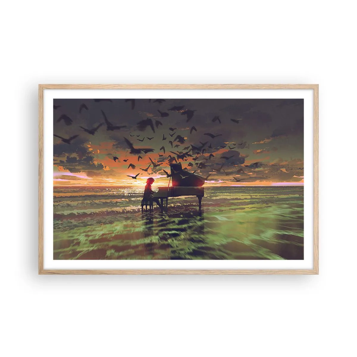 Plagát v ráme zo svetlého duba - Koncert na piano a vlny - 91x61 cm