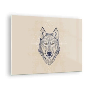 Obraz na skle - Vlčia hlava na pozadí geometrických vzorov - 70x50cm - Alfa o prenikavom pohľade - Moderná nástenná dekorácia do obývacej izby a spálne ARTTOR