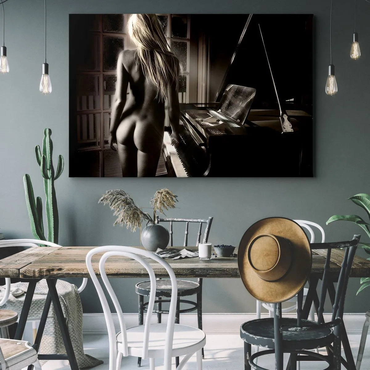 Obraz na plátne - Nahá žena za klavírom v čiernobielom štýle - 70x50cm - Dokonalá harmónia večera - Moderná nástenná dekorácia do obývacej izby a spálne ARTTOR