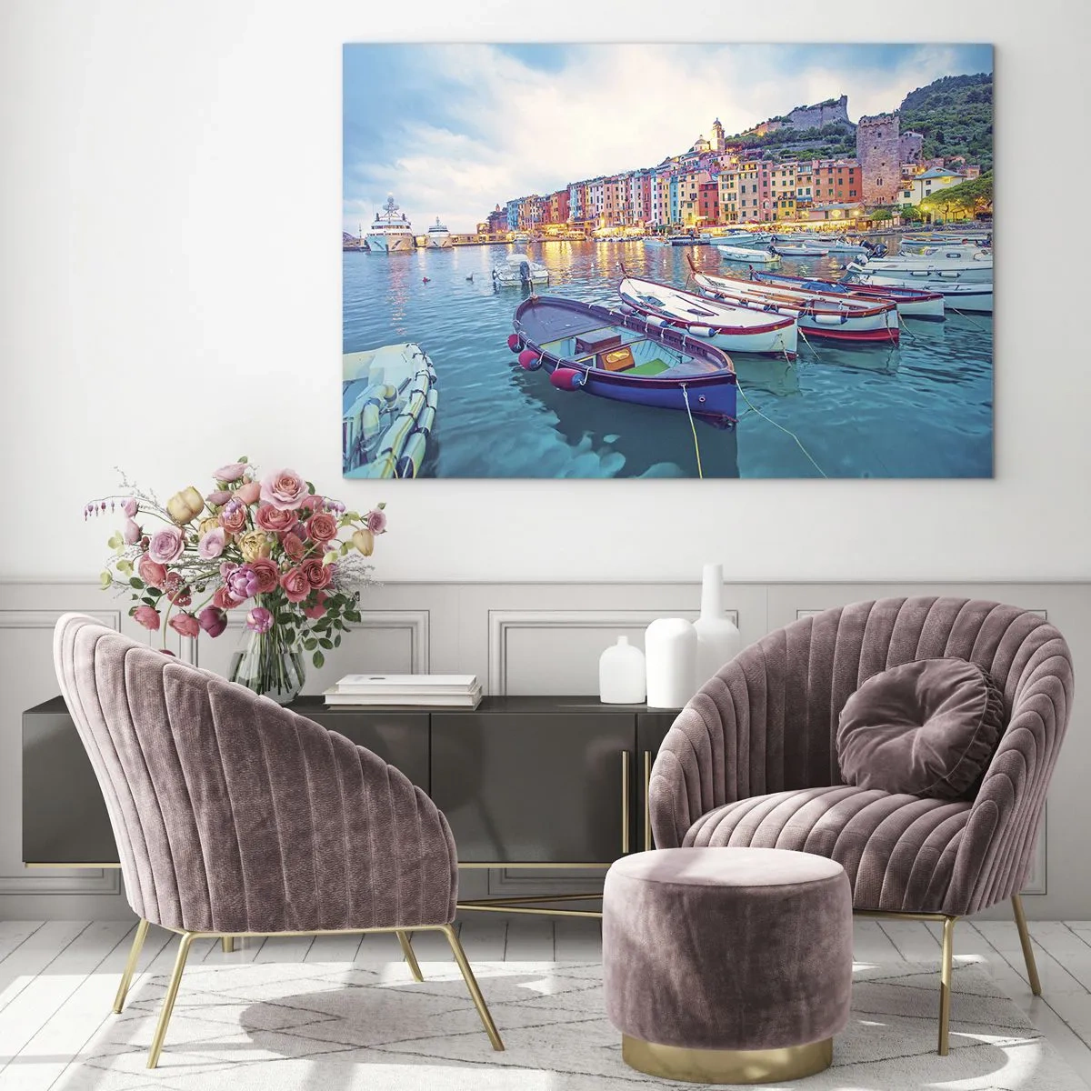 Obraz na skle - Večerný pohľad na Cinque Terre s farebnými budovami - 70x50cm - Farebný večer v prístave - Moderná nástenná dekorácia do obývacej izby a spálne ARTTOR