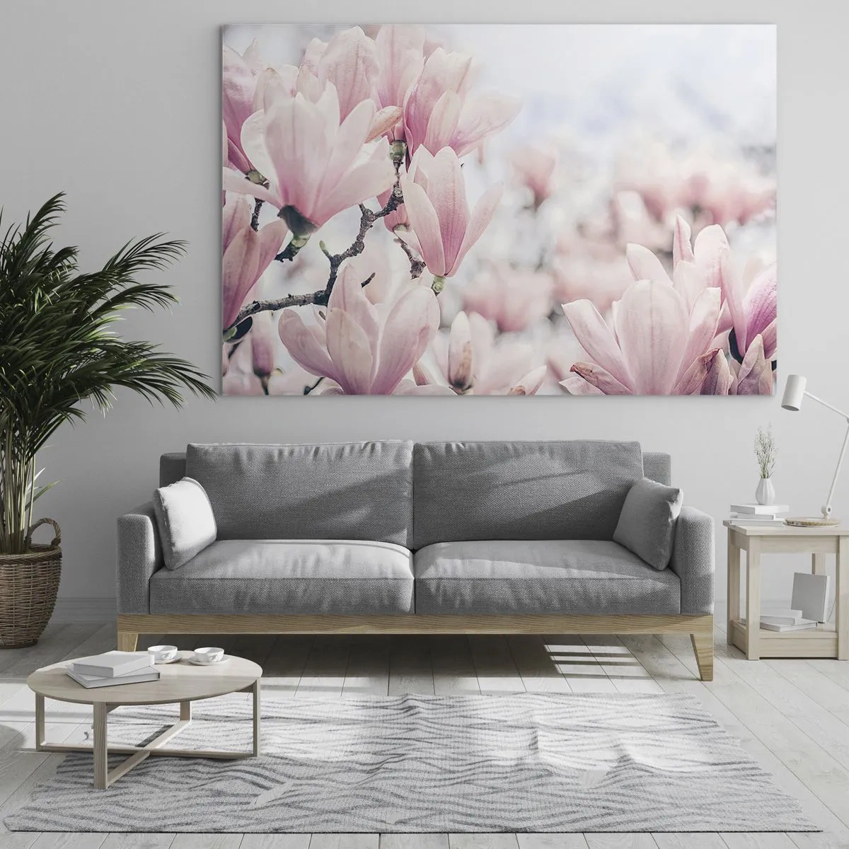 Obraz na skle - Jemné ružové magnólie na svetlom pozadí - 70x50cm - Ideál jemnosti - Moderná nástenná dekorácia do obývacej izby a spálne ARTTOR