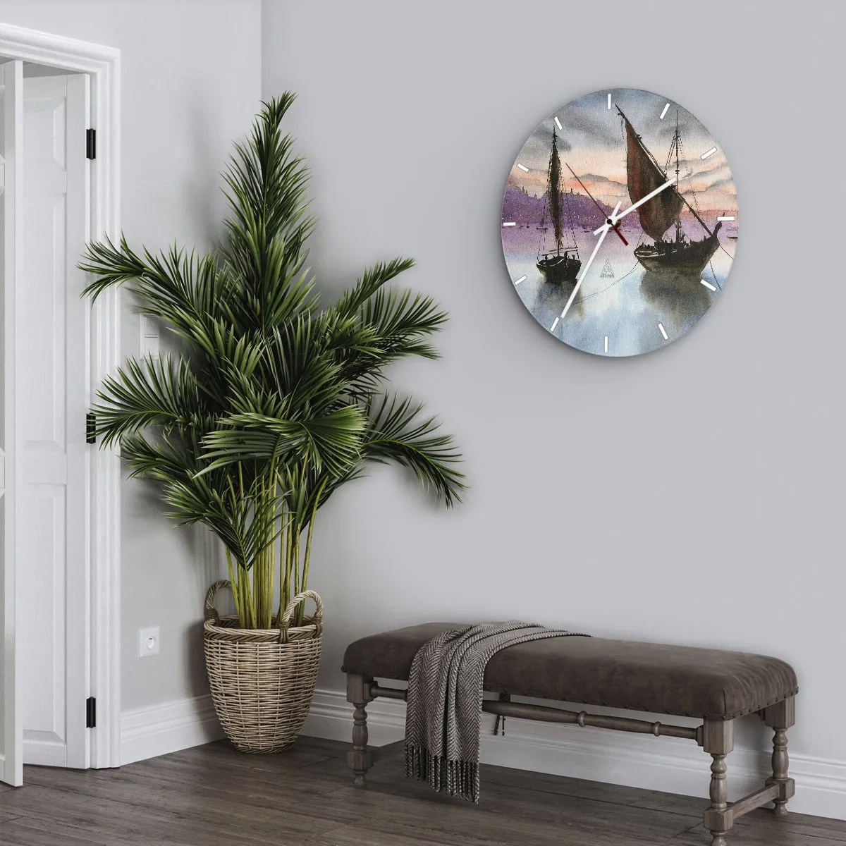 Nástenné hodiny - Plachetnice na vode pri západe slnka - 30x30cm - Večer v prístave - Moderná nástenná dekorácia do obývacej izby, kuchyne a spálne ARTTOR