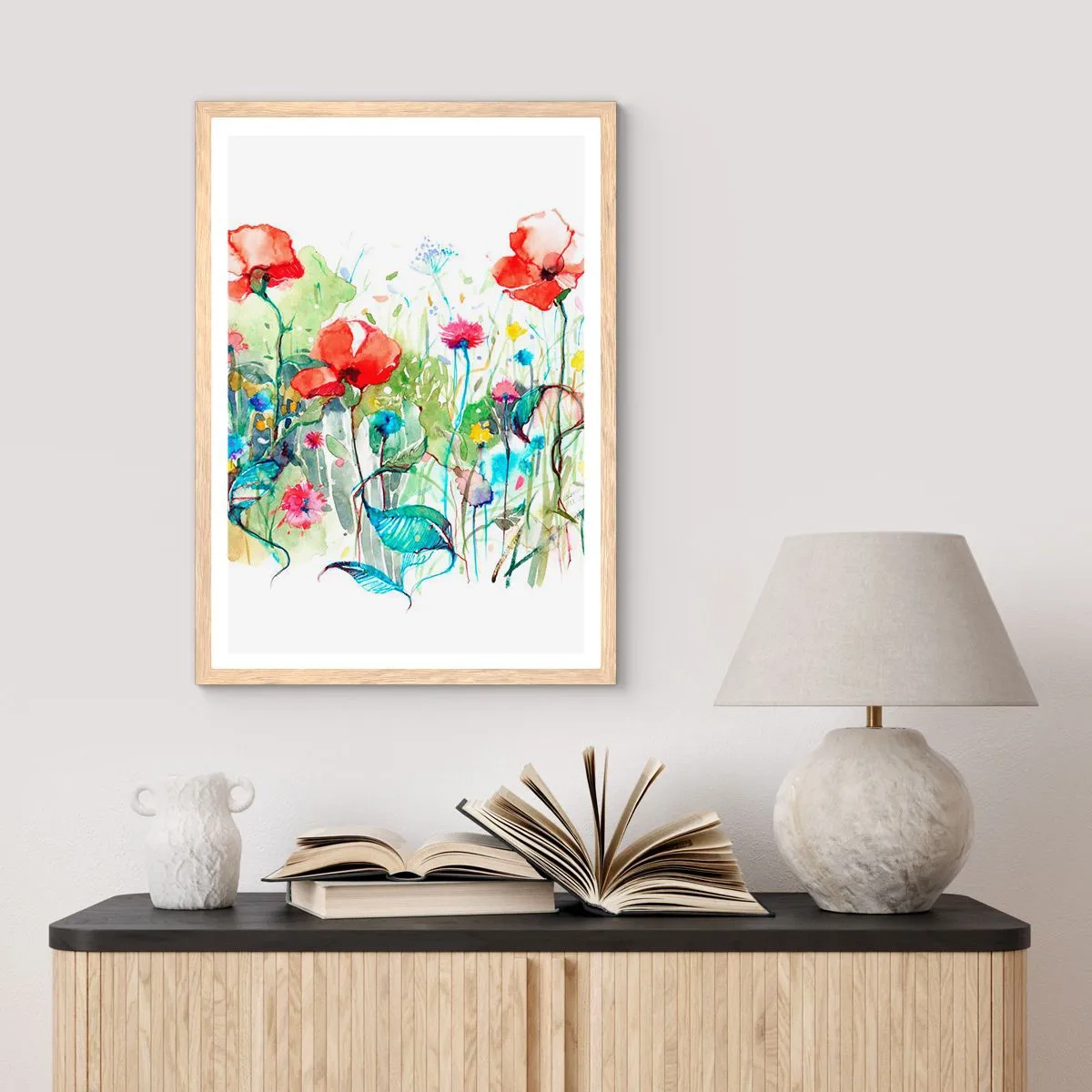 Plagát v ráme zo svetlého duba - Kvitnúca lúka v máji - 50x70 cm