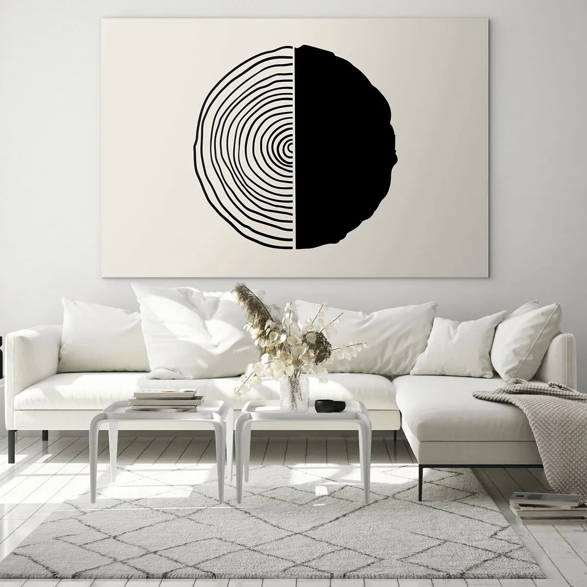Obraz na skle - Minimalistická grafika prierezu kmeňa stromu rozdeleného na dve polovice. - 70x50cm - Pol na pol - Moderná nástenná dekorácia do obývacej izby a spálne ARTTOR