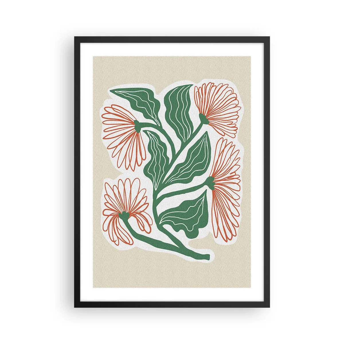 Plagát v čiernom ráme - Abstraktný motív kvetu a listu na béžovom pozadí - 50x70cm - Ľudové aj moderné - Moderná nástenná dekorácia do obývacej izby a spálne ARTTOR