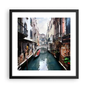 Plagát v čiernom ráme - Benátska krajina s gondolou a mostíkom - 40x40 cm