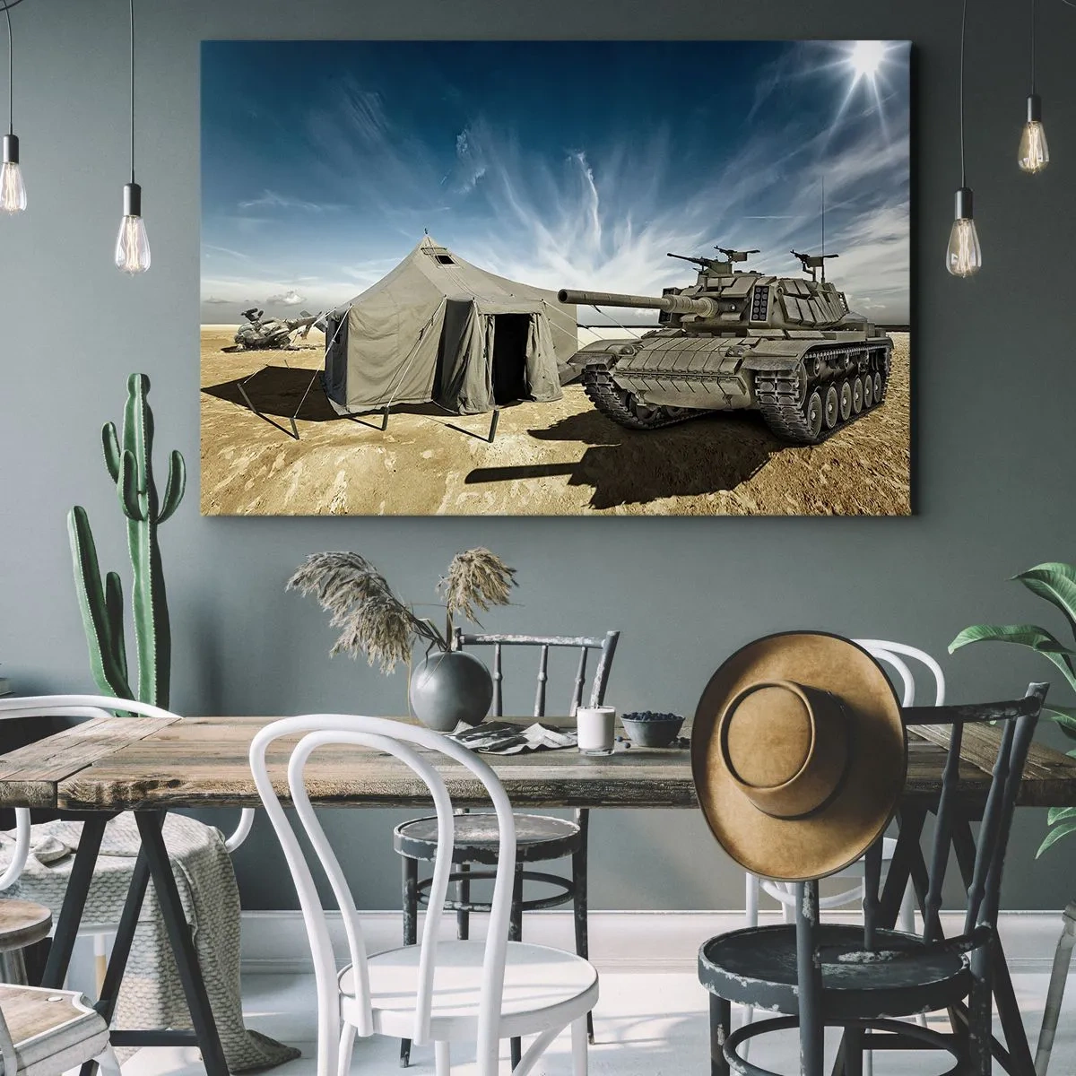 Obraz na plátne - Tank vedľa vojenského stanu v púštnej oblasti - 70x50cm - Militantný sen - Moderná nástenná dekorácia do obývacej izby a spálne ARTTOR