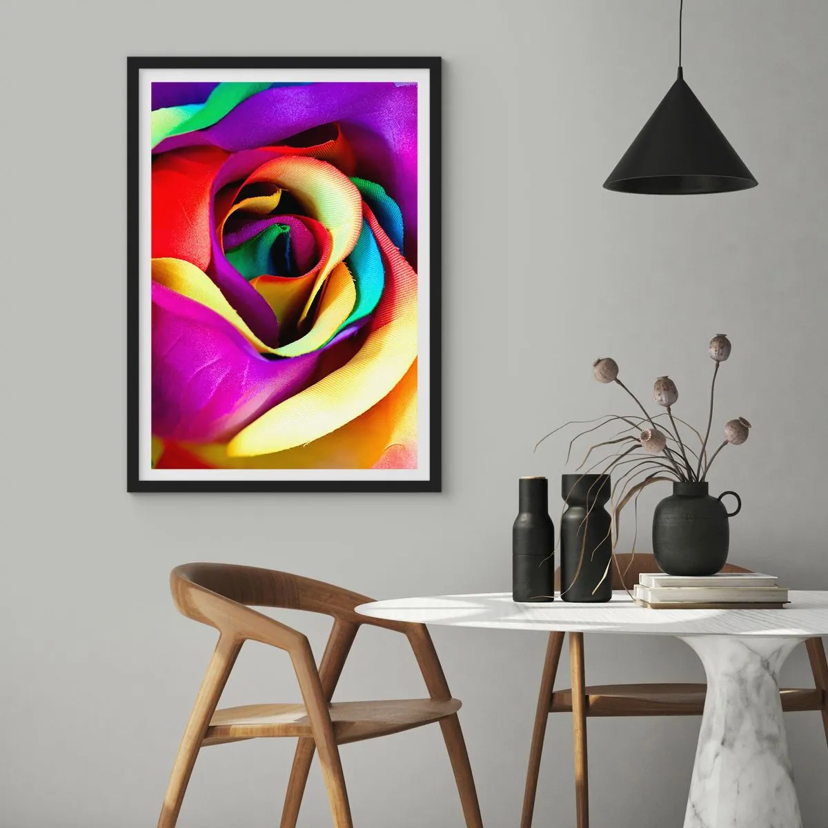 Plagát v čiernom ráme - Detailný záber na farebnú ružu s dúhovými lupeňmi - 50x70cm - To nie je možné - Moderná nástenná dekorácia do obývacej izby a spálne ARTTOR