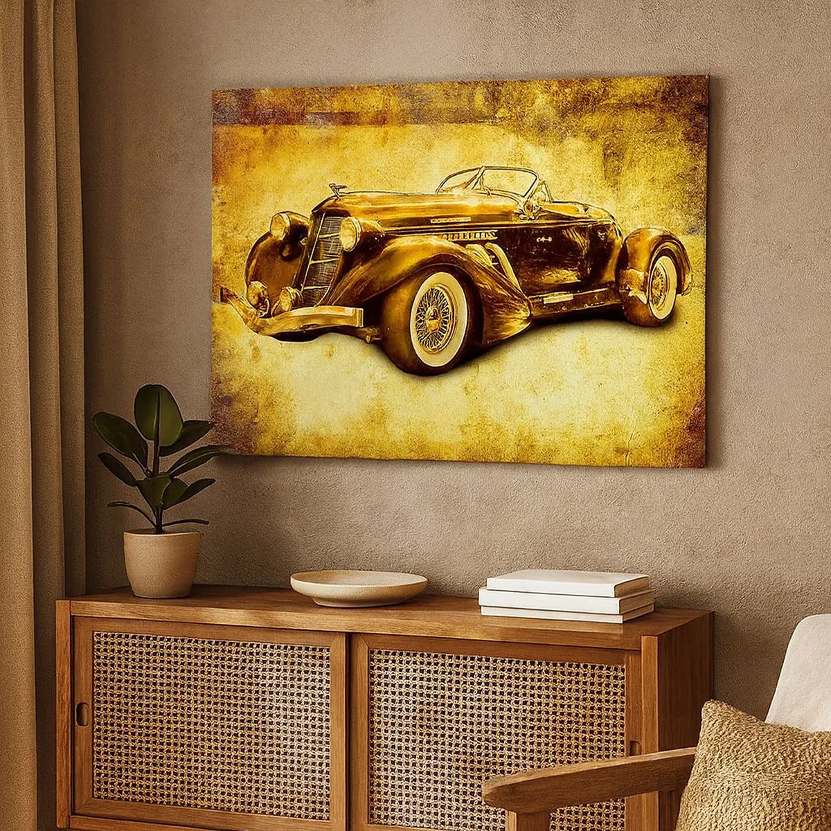 Obraz na plátne - Klasický zlatý retro kabriolet na vintage pozadí v teplých farbách. - 70x50cm - Elita elít - Moderná nástenná dekorácia do obývacej izby a spálne ARTTOR