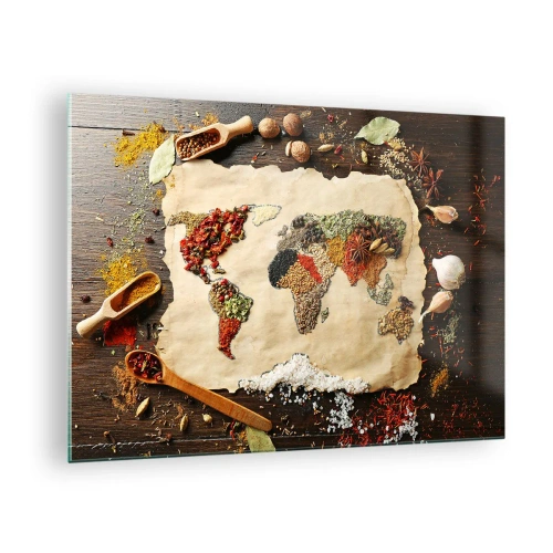 Obraz na skle - Mapa sveta vyrobená z rôznych korenín na rustikálnom pozadí. - 70x50cm - Všetky chute sveta - Moderná nástenná dekorácia do obývacej izby a spálne ARTTOR