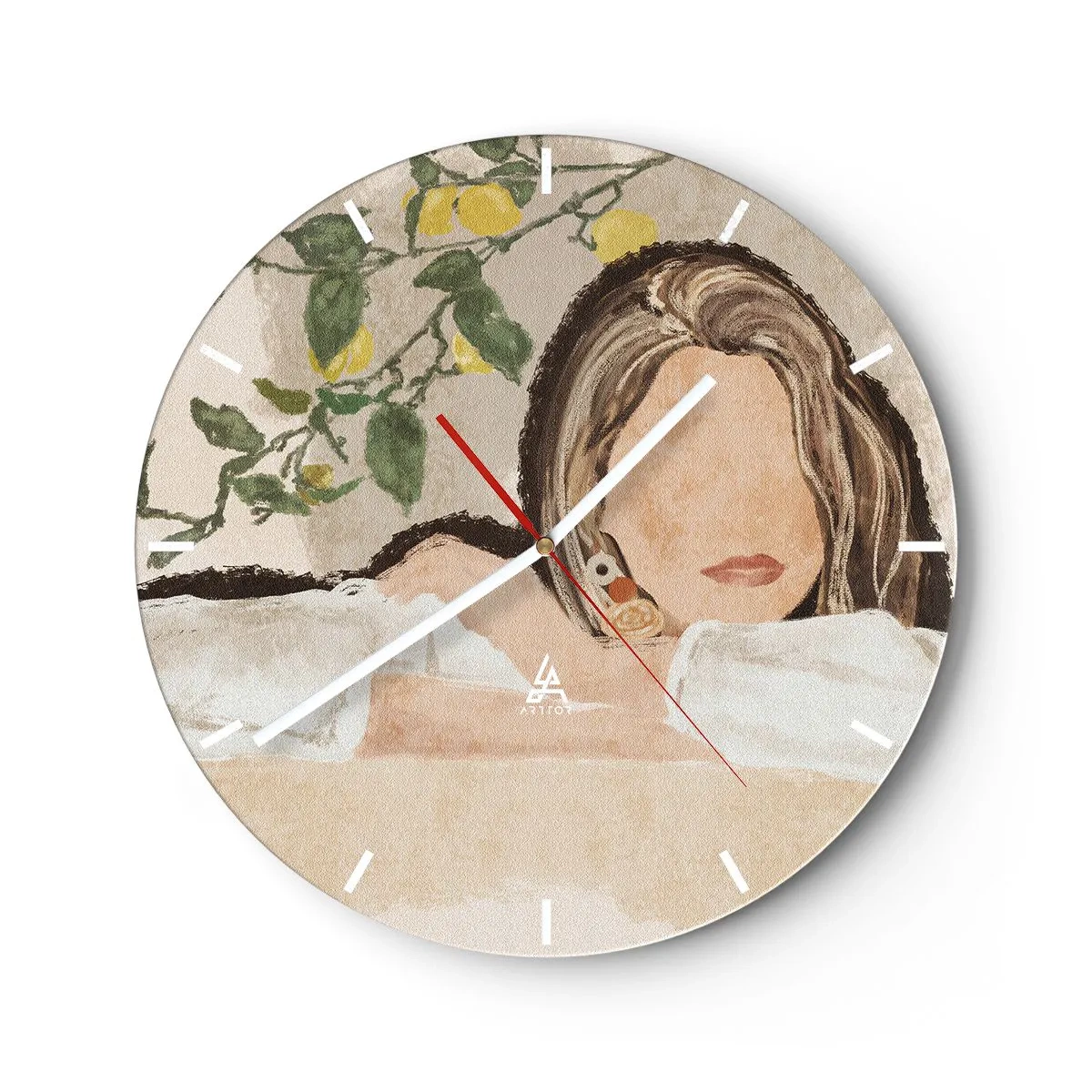 Nástenné hodiny - Žena s dlhými vlasmi pred citrónovníkom - 30x30cm - Kráska z juhu - Moderná nástenná dekorácia do obývacej izby, kuchyne a spálne ARTTOR