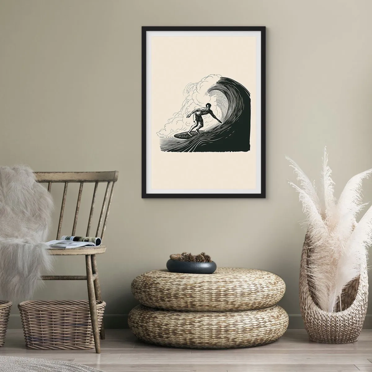 Plagát v čiernom ráme - Retro grafika surfera na vlne, čierne a krémové zloženie - 50x70cm - Kráľ vĺn - Moderná nástenná dekorácia do obývacej izby a spálne ARTTOR