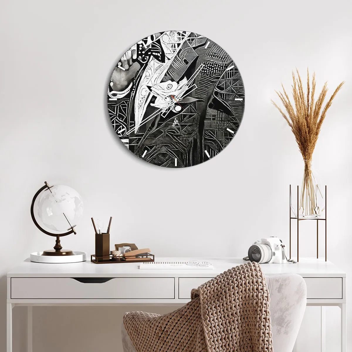 Nástenné hodiny - Čiernobiela abstrakcia so zložitými geometrickými vzormi - 30x30cm - Iba zdanlivo šedý človek - Moderná nástenná dekorácia do obývacej izby, kuchyne a spálne ARTTOR