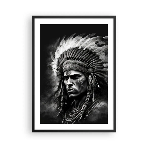 Plagát v čiernom ráme - Portrét bojovníka v tradičnej perovej čelenke - 50x70cm - Vodca a bojovník - Moderná nástenná dekorácia do obývacej izby a spálne ARTTOR