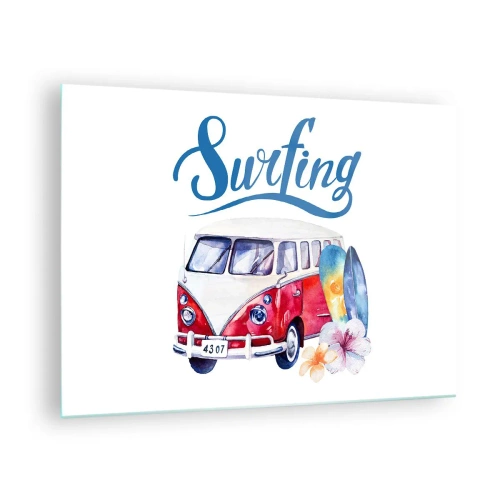 Obraz na skle - Téma surfovania s dodávkou a doskami - 70x50cm - Uhorka - klasika pre surferov - Moderná nástenná dekorácia do obývacej izby a spálne ARTTOR