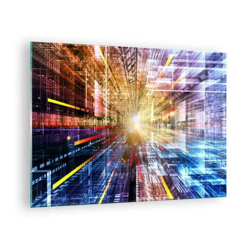 Obraz na skle - Abstraktná vízia s farebnými čiarami a svetlom - 70x50cm - Osvetlená chodba - Moderná nástenná dekorácia do obývacej izby a spálne ARTTOR