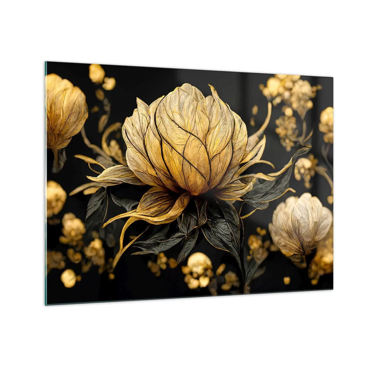 Obraz na skle - Zlaté kvety na čiernom pozadí v elegantnej kompozícii - 70x50cm - Jemná krehkosť - Moderná nástenná dekorácia do obývacej izby a spálne ARTTOR