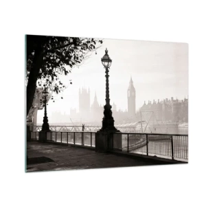 Obraz na skle - Čiernobiela fotografia londýnskej promenády s Big Benom - 70x50cm - Londýnske ráno - Moderná nástenná dekorácia do obývacej izby a spálne ARTTOR