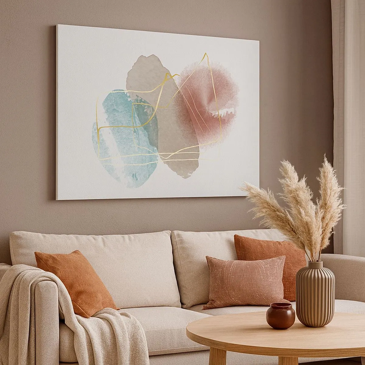 Obraz na plátne - Abstraktné tvary s jemnými farbami a zlatými líniami - 70x50cm - Korálky priestoru - Moderná nástenná dekorácia do obývacej izby a spálne ARTTOR