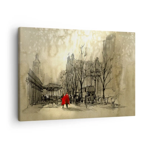 Obraz na plátne - Červená postava v nostalgickom mestskom prostredí - 70x50cm - Rande v londýnskej hmle - Moderná nástenná dekorácia do obývacej izby a spálne ARTTOR