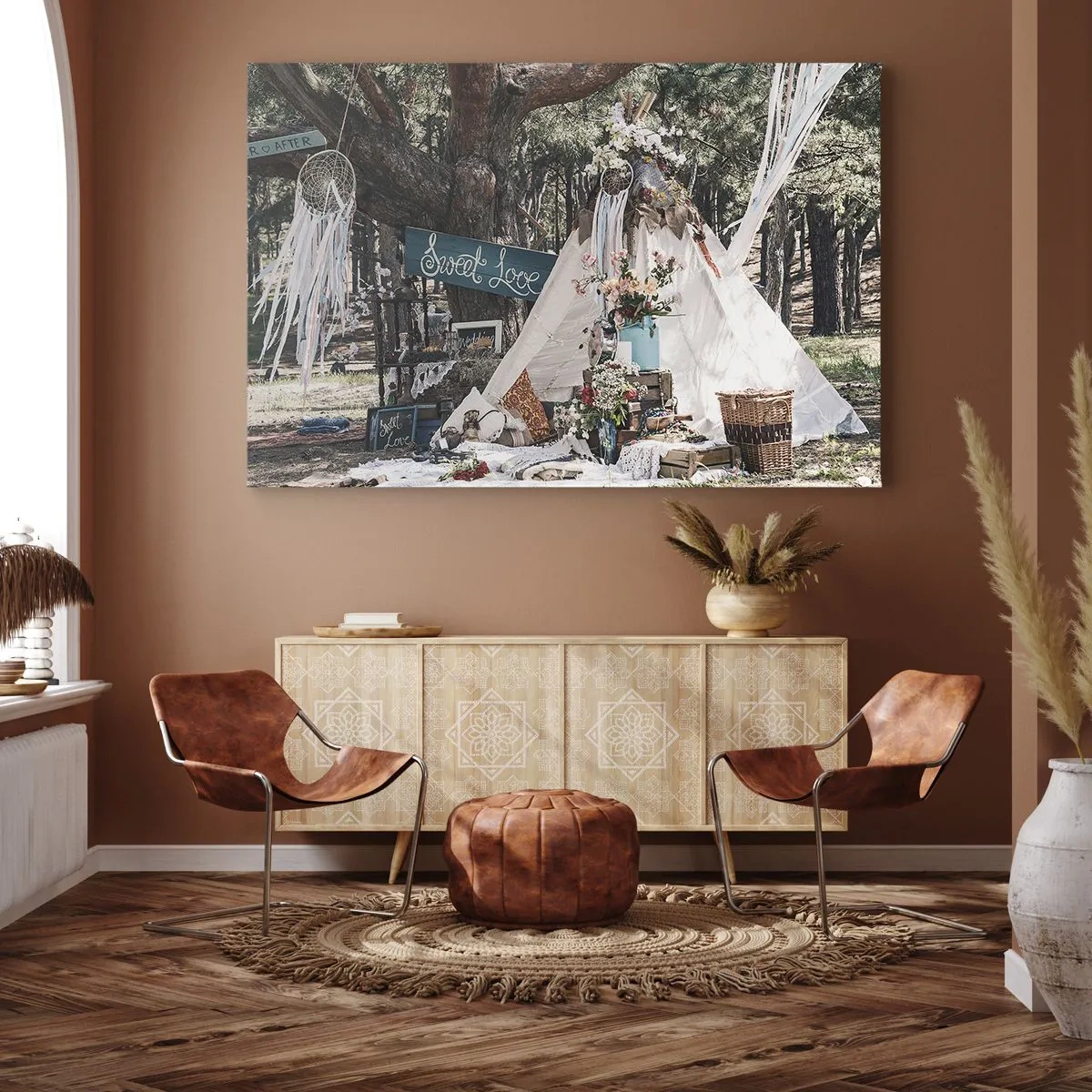 Obraz na plátne - Boho dekorácia s teepee v lese - 70x50cm - Make love… - Moderná nástenná dekorácia do obývacej izby a spálne ARTTOR