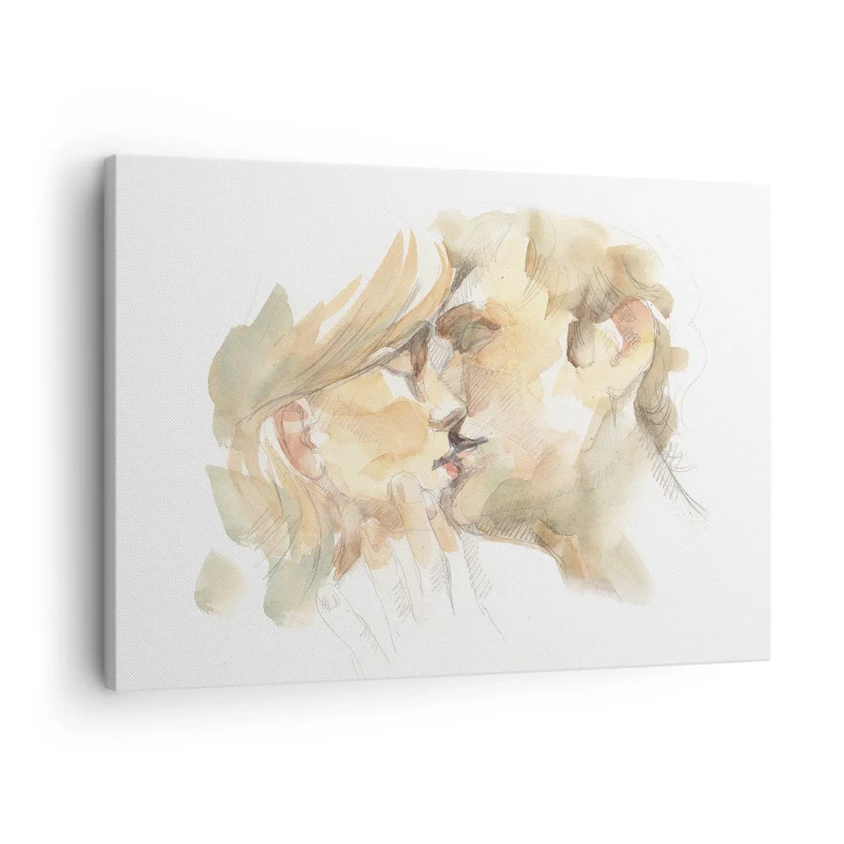 Obraz na plátne - Romantický akvarelový portrét bozkávajúceho sa páru - 70x50cm - Nájdená polovica? - Moderná nástenná dekorácia do obývacej izby a spálne ARTTOR