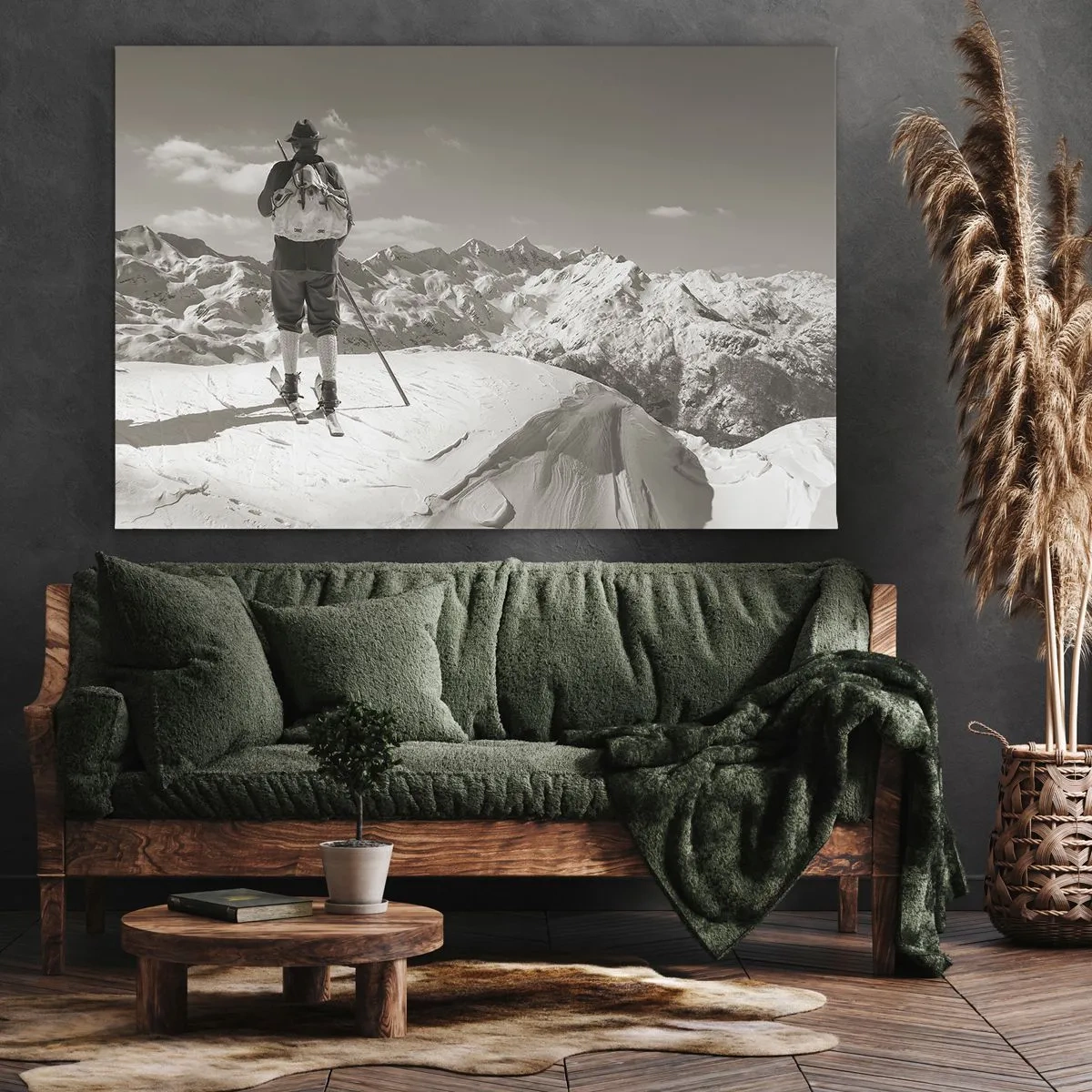 Obraz na plátne - Lyžiar na vrchole hory v čiernobielej farbe - 70x50cm - Rovnaké hory - Moderná nástenná dekorácia do obývacej izby a spálne ARTTOR