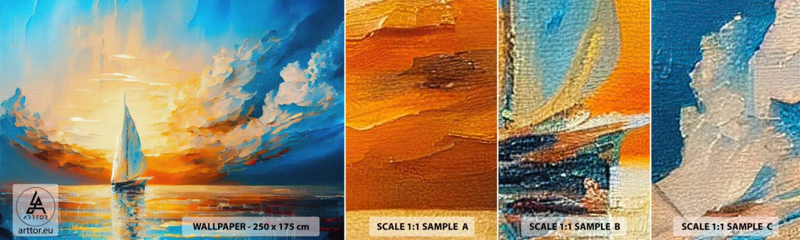 Vzorka samolepiacej fototapety Deluxe Sticker - Plavba v zlate - Krajina, Námorná, Plachetnica - 100x30 cm