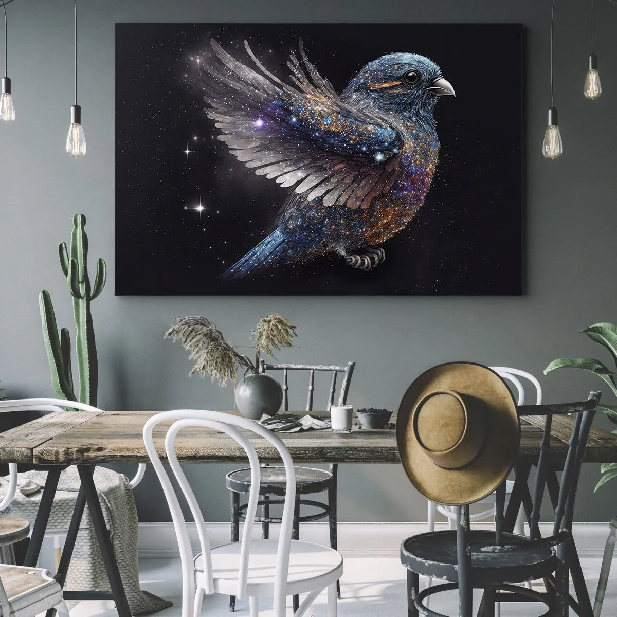 Obraz na plátne - Vrabec v štýle vesmírneho veku s diamantovým leskom - 70x50cm - Diamantový vrabec - Moderná nástenná dekorácia do obývacej izby a spálne ARTTOR