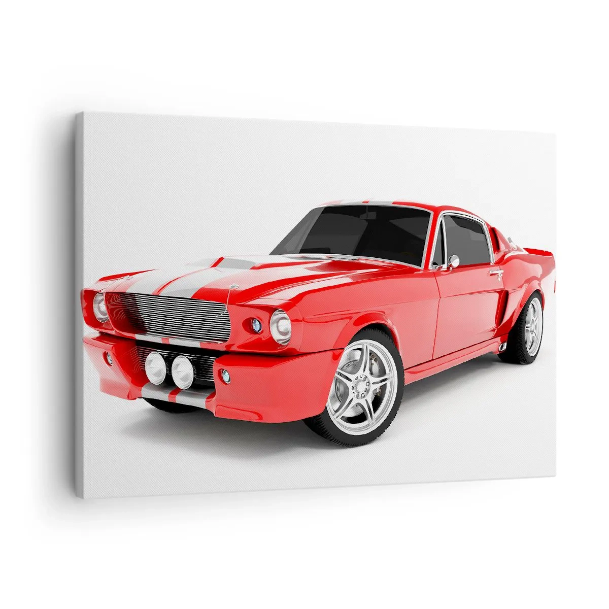 Obraz na plátne - Červené športové auto s bielymi pruhmi - 70x50cm - Mustang rýchly ako vietor - Moderná nástenná dekorácia do obývacej izby a spálne ARTTOR