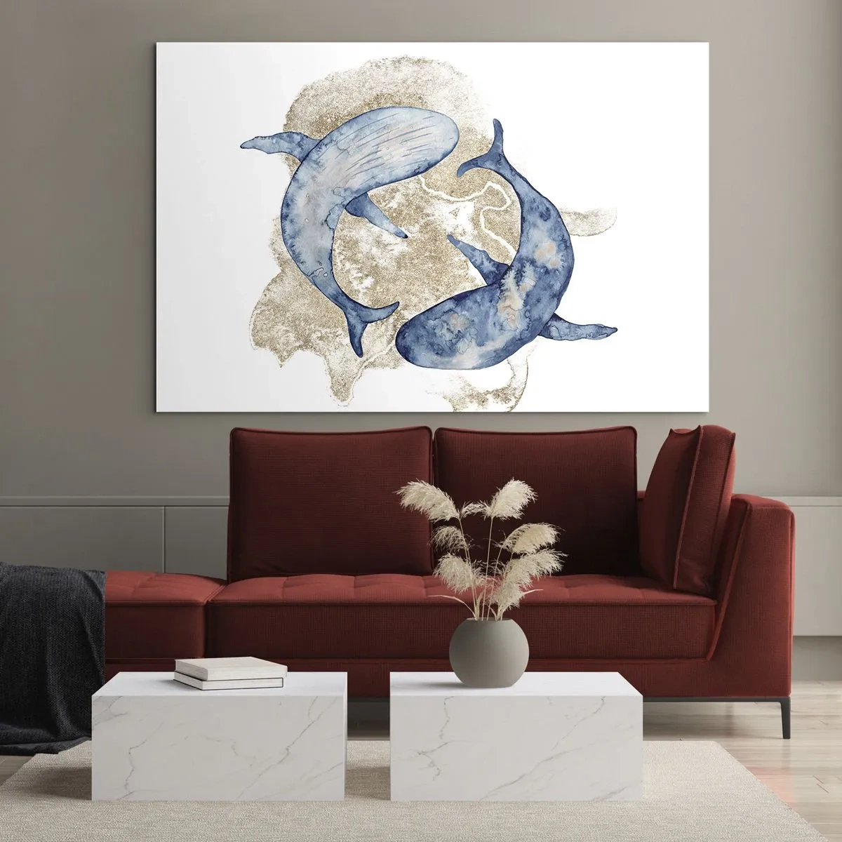 Obraz na skle - Dve modré veľryby na pozadí abstraktných zlatých škvŕn - 70x50cm - Priateľstvo alebo láska? - Moderná nástenná dekorácia do obývacej izby a spálne ARTTOR